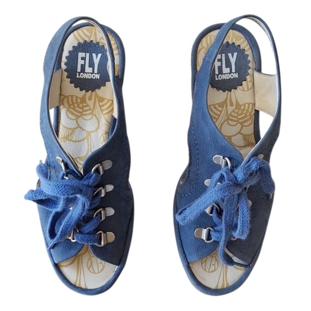 Fly London Blue Suede Wedges Lace Up EU 35  Girls 3.5  Womens 5